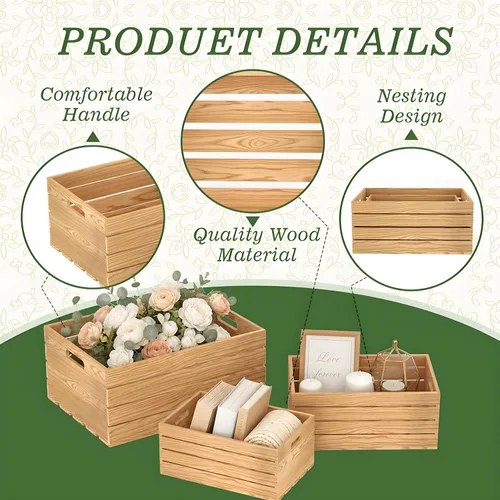 Miniatura 3 de 5 piezas de cajas de madera decorativas para exhibición, 5 tamaños grandes de cesta de madera estilo granja para contenedor de almacenamiento