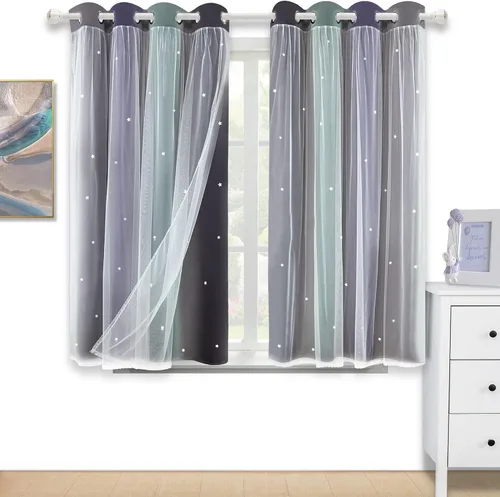 Miniatura 17 de Cortinas Opacas con Corte de Estrella Arcoíris para Dormitorio de Niñas - Doble Capa con Ojales Superiores para Sala de Estar, 2 Paneles
