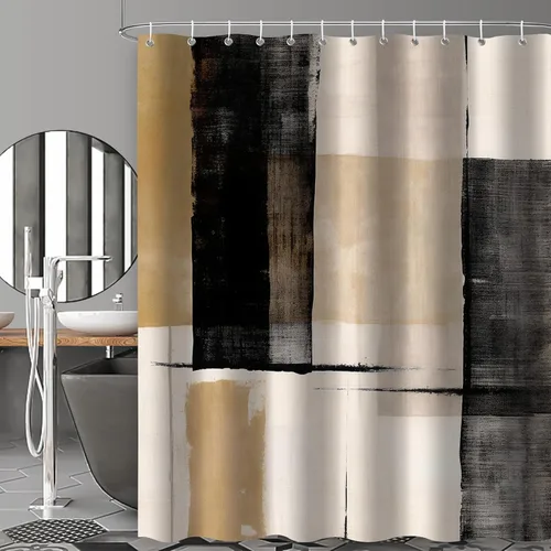 Miniatura 2 de Cortina de ducha negra y beige para baño, juego de cortina de ducha boho blanco, marrón, beige y crema, pintura al óleo abstracta de tela moderna