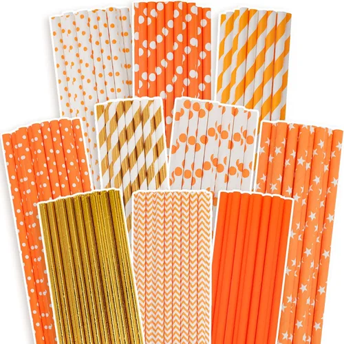 qiqee Pajitas desechables de color naranja dorado para beber, 150 popotes desechables a granel (10 patrones)
