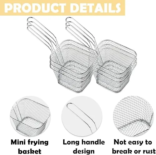 Miniatura 3 de 12 cestas cuadradas de acero inoxidable para freír con asa, cestas de alimentos para servir reutilizables, mini freidora con cesta para cocina