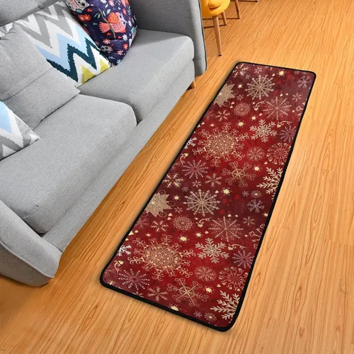 Miniatura 10 de Alfombra de pasillo de Navidad, patrón rojo con copos de nieve, alfombra de corredor de flores, alfombra antideslizante para cocina, alfombra