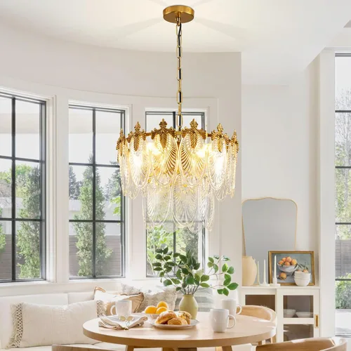 Miniatura 2 de Antique Chandeliers 2-Layer Gold Crystal Glass Chandelier, 4-Light Round Pendant Light 17.7" Brushed Brass Adjustable Height, Applicable to Dining