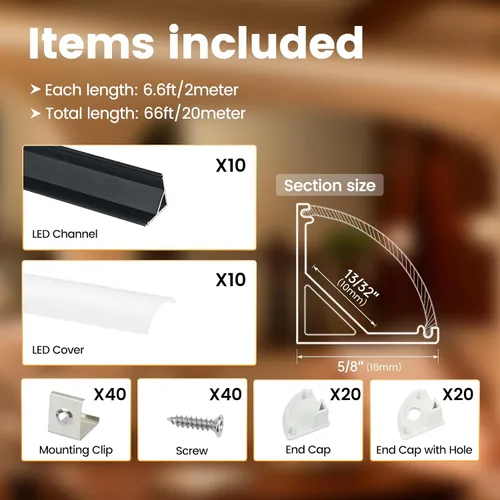 Miniatura 2 de Muzata Paquete de 10 canales LED en forma de V de 6.6 pies/6.6 ft con canal LED de aluminio negro LED difusor canal con cubierta blanca lechosa
