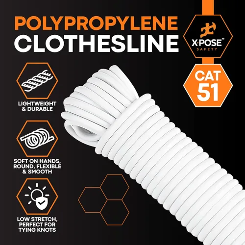 Miniatura 3 de Tendedero de plástico – Línea de ropa de plástico de 50 pies – Blanco resistente a la intemperie al aire libre – Cuerda sintética para colgar