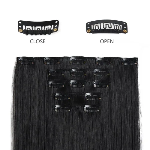 Miniatura 5 de Extensiones de cabello negro lacio, 2 juegos de extensiones de cabello con clip para mujeres, Halloween, 5 piezas de 22 pulgadas, piezas de cabello