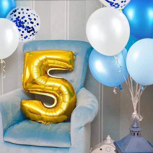 Miniatura 5 de Kit de 68 globos azules y blancos de 12 pulgadas, globos de confeti azul con azul claro, azul bebé y perla blanca con cintas para cumpleaños, bodas