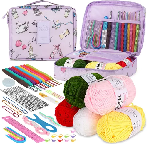 Miniatura 8 de Aeelike Kit de ganchillo con bolsa para viajes, kit fácil de aprender a ganchillo para principiantes de todas las edades, el kit de inicio