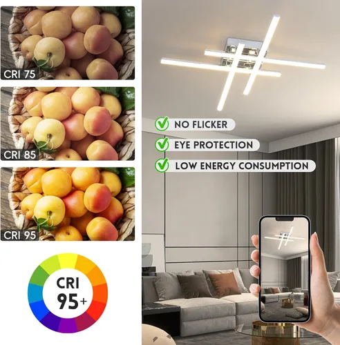 Miniatura 3 de CANEOE Moderna lámpara de techo LED de 38W regulable, lámpara de techo de montaje empotrado con control remoto, color plateado, cerca de la lámpara