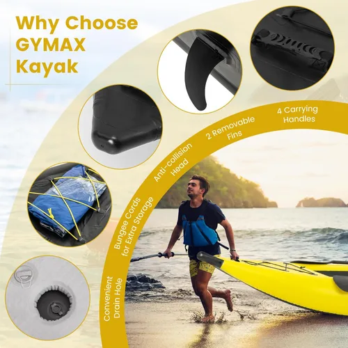Miniatura 3 de GYMAX Kayak inflable, kayak tándem de 12.5 pies y 507 libras con 2 remos de aluminio, 2 asientos acolchados, reposapiés, 2 aletas, bomba de mano