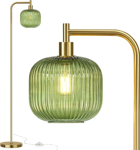 QiMH Lámpara de pie de cristal para sala de estar, lámpara de pie moderna con pantalla de vidrio acanalado e interruptor de pedal, lámpara de 67" de