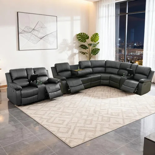 Miniatura 15 de Juego de sofá modular reclinable manual para sala de estar, sofá reclinable en forma de L, seccional de cuero con portavasos/almacenamiento