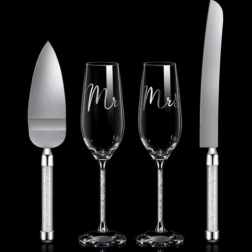 Boao Juego de 4 cuchillos para tartas de boda y copas de champán para servir de señor y señora para tostar, juego de corte de pastel de cristal con