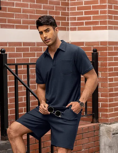 Miniatura 3 de COOFANDY - Conjunto de polo y pantalones cortos de punto acanalado para hombre, 2 piezas, atuendo de verano, traje casual deportivo con bolsillos