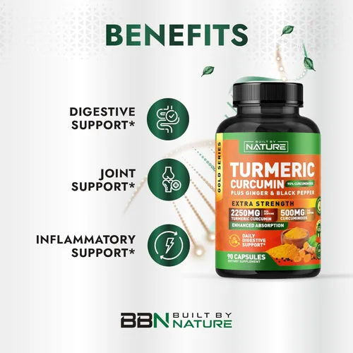 Miniatura 2 de Built by Nature Curcumina de cúrcuma de 2250 mg – 95% curcuminoides con jengibre y pimienta negra para alta absorción – Soporte articular extra