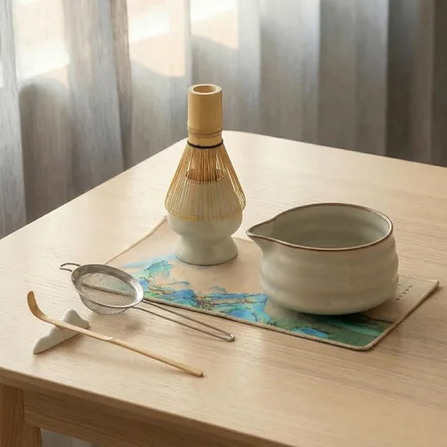 Juego de cuencos de matcha, juego de matcha de cerámica con cuenco y batidor, soporte para batidor, tamiz, cuchara, reposapallo y toalla de té, kit