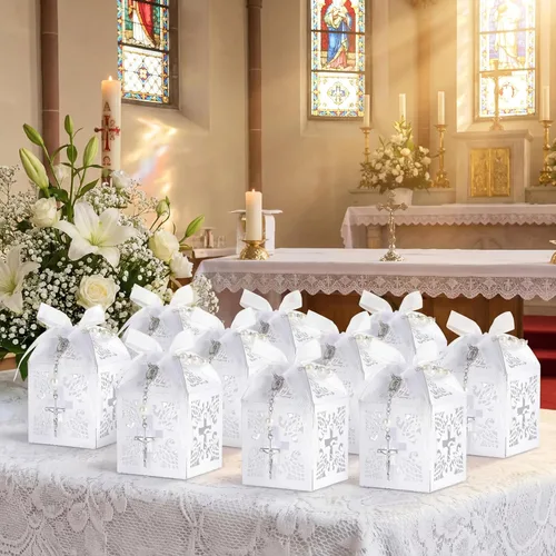 Miniatura 6 de 50 paquetes de recuerdos de bautizo con cuentas de rosario acrílicas, perlas falsas con bolsas de organza y cajas de recuerdos de bautizo con cruz