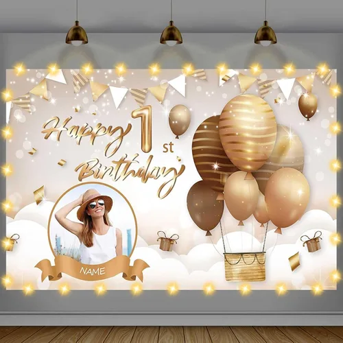 Cartel de feliz cumpleaños beige personalizado para telón de fondo grande de feliz cumpleaños, globo aerostático, fiesta, interior y exterior,
