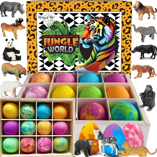 Miniatura 11 de Bombas de baño para niños con juguetes en el interior – Baño orgánico de burbujas con juguetes de animales de la selva. Pelotas de baño de spa