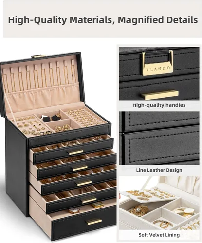 Miniatura 4 de Vlando Joyero grande de 6 capas Organizador de joyas, organizador de joyero para cajón, collar, anillo, pulsera y reloj, regalo de cumpleaños