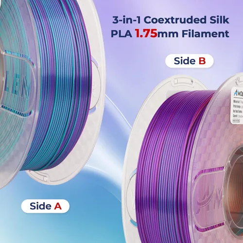 Miniatura 3 de AMOLEN - Filamento de impresora 3D de seda PLA, PLA tricolor púrpura/verde azul/naranja quemado de 0.069 pulgadas, filamento brillante de cambio