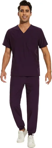 COZYFIT Conjunto de ropa quirúrgica para hombre camiseta elástica con cuello en V y pantalón deportivo con 8 bolsillos, cintura de yoga, ropa