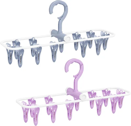 Miniatura 7 de Percha de secado de ropa con 12 clips, paquete de 2 estantes de secado plegables portátiles para colgar, estante plegable de goteo, gancho giratorio