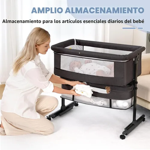 Miniatura 5 de Moisés para bebé, 3 en 1, para poner al lado de la cama, con ruedas, altura ajustable con modo de balanceo, malla transpirable, cesta