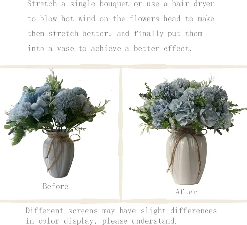 Miniatura 6 de Flores artificiales de peonías en jarrón, ramo de flores de peonía de seda de hortensias falsas con florero, arreglo de flores sintéticas, Azul