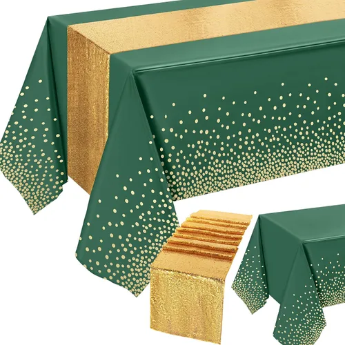 Set de mantel y camino de mesa de lentejuelas Tudomro, 54 x 108 pulgadas con lunares y confeti, mantel de plástico brillante para fiestas de Verde