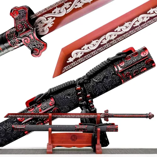 Espada china de acero de alto carbono SJ SHI JIAN dinastía Tang Dao hoja recta con patrón de dragón funda Rojo