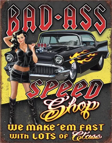 Desperate Enterprises Bad Ass Speed Shop - Letrero de hojalata - Decoración nostálgica de pared de metal vintage - Hecho en Estados Unidos