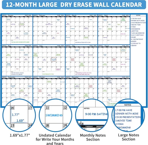 Miniatura 3 de Calendario de Borrado en Seco Grande - Calendario de Pared Sin Fechas, 58" x 37", Calendario de 12 Meses con 10 Adhesivos Redondos