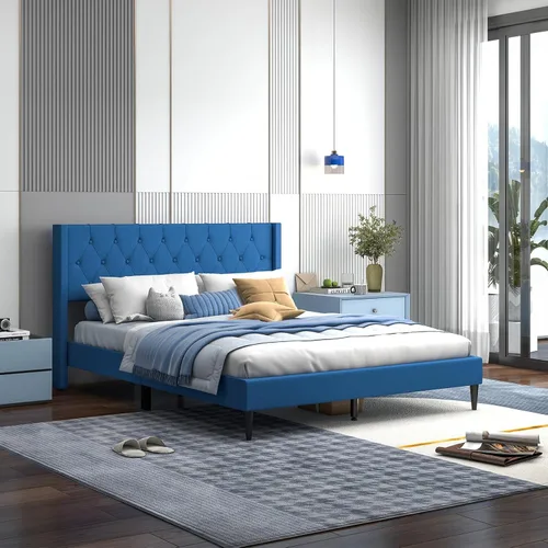Miniatura 12 de Giantex Base de cama de plataforma de tamaño individual con respaldo de alas, base de cama tapizada de tela con cabecera capitonada con botones