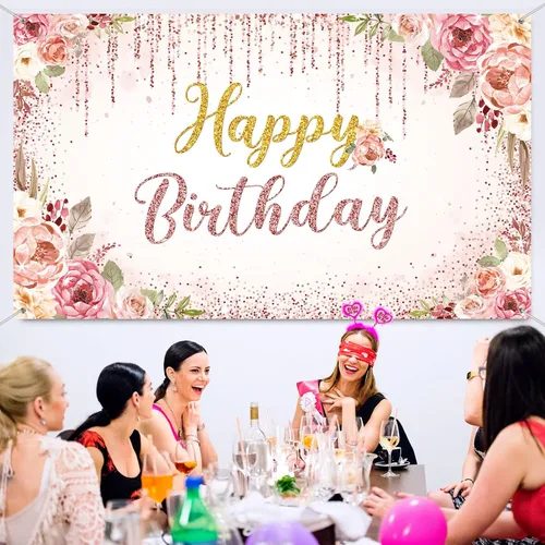 Miniatura 5 de Decoraciones de fondo de feliz cumpleaños para mujeres, suministros de fiesta, telón de fondo rosa, fotografía para niñas y niños, pancarta floral