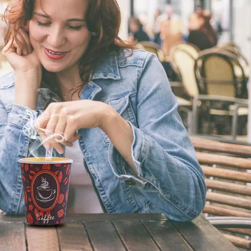 Miniatura 7 de Tazas de café de papel desechables con tapas, perfectas para té y bebidas calientes, paquete de 100 (8 onzas, diseño de grano de café)