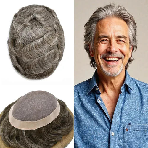 Miniatura 71 de Mens Toupee Hair Piece Real Human Hair Fine Mono Toupee para hombres Sistema de reemplazo de cabello para hombre Postizo Protesis Capilar Para