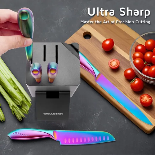 Miniatura 3 de WELLSTAR Juego de cuchillos arcoíris de 8 piezas, juego de cuchillos de cocina de acero inoxidable alemán iridescente con bloque de madera, Juego