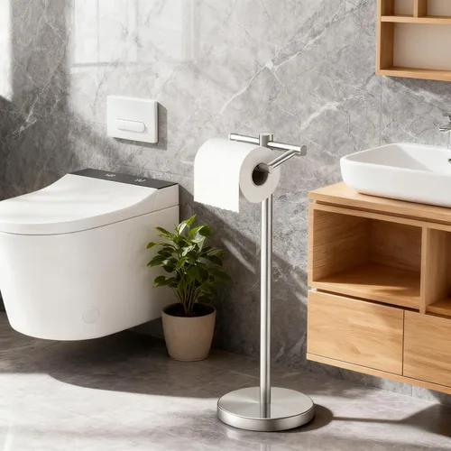 Miniatura 19 de FORIOUS Soporte de pared para papel higiénico, soporte de rollo de papel higiénico de doble poste giratorio de acero inoxidable para baño, Blanco