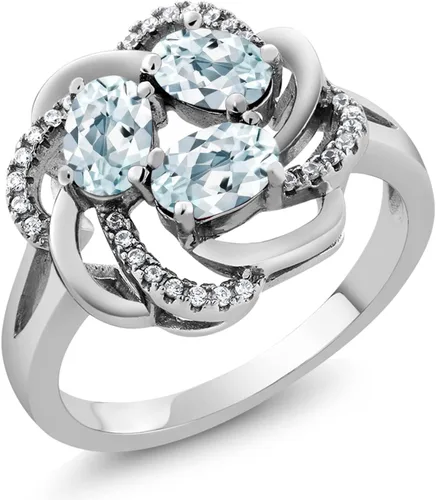 Miniatura 62 de Gem Stone King Flower Blossom Gemstone Birthstone Ring in 925 Sterling Silver 3-Stone Oval 6X4MM with Sparkling Accents Wedding Anniversary