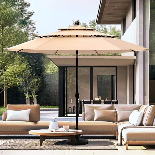 PHI VILLA Sombrilla de patio de 10 pies, sombrilla de mesa grande ventilada de 3 niveles para exteriores, con 8 varillas resistentes y poste de