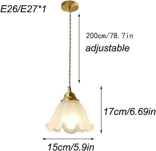Miniatura 4 de Lámpara colgante con forma de flor retro nórdica, moderna lámpara colgante colgante de cúpula dorada con pantalla de vidrio esmerilado, cable