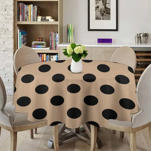 Miniatura 3 de Mantel redondo lavable de lunares negros sobre beige de 50 pulgadas para cocina, comedor, fiesta, decoración moderna