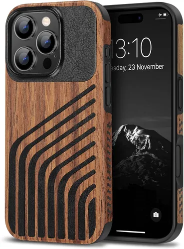 Miniatura 34 de TENDLIN Compatible con iPhone 17 Pro Max Funda de madera con textura de fibra de carbono Diseño de cuero híbrido delgado (negro)