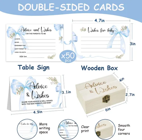 Miniatura 2 de 50 piezas de tarjetas azules de lazos para consejos de baby shower para juegos de baby shower, caja de tarjetas de consejos y deseos de lazos