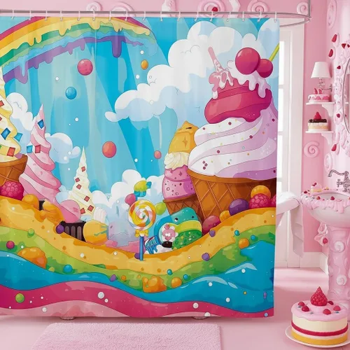 Miniatura 28 de Castle Fairy Cortinas de ducha impermeables 3D de sirena de ensueño, tela de paisaje, cortina de ducha de baño, diseño de mar, miau, pájaros