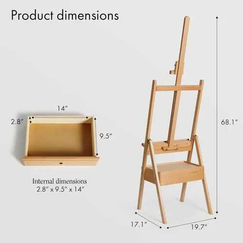 Miniatura 2 de ARTIFY Caballete de estudio grande de madera con marco en H con cajón de almacenamiento y estante para artistas, soporte de lona de madera de haya
