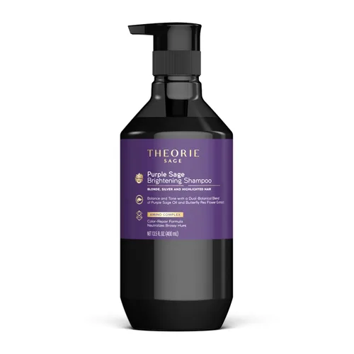 Theorie Champú iluminador de salvia morada: equilibra, tonifica e ilumina el cabello rubio, plateado, gris, decolorado, tratado con color o