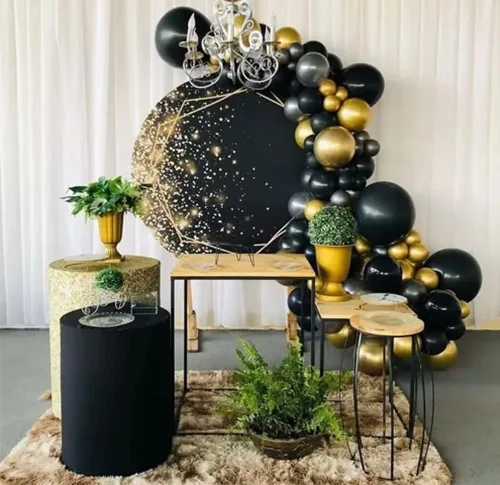 Miniatura 2 de Telón de fondo para fiesta, cumpleaños, boda, despedida de soltera, 5 pies de diámetro, fondo redondo, puntos negros dorados, suave y lavable, tela
