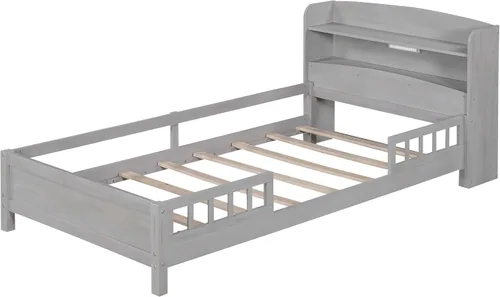 Miniatura 9 de VilroCaz Moderna cabecera de almacenamiento de cama de tamaño individual y barandilla de seguridad para niños, base de cama de plataforma de madera